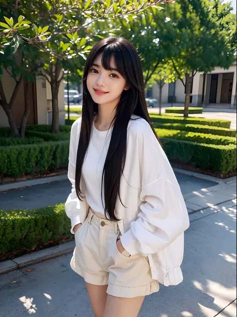 top-quality、girl with１a person、１4-year-old girl、cute  face、delicated face、Feminine atmosphere、Coquettish smile、Lustrous lips、tthin eyebrows、cute eye、Very long black hair、Silky long straight hair、Beautiful bangs、Long bangs、Delicate figure、Colorful and pop j...