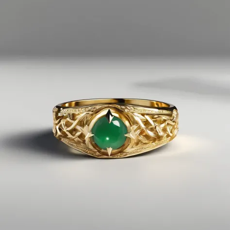 Yellow gold ring，Pentagram pattern，Jade embellishments，simple backgound， with black background，Simple details