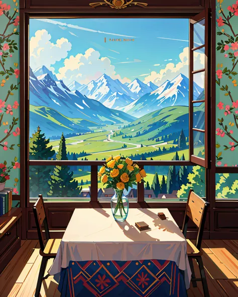 Masterpiece, a study room, Window leading to mountains view, books and computer and flower vase lying on the table, on a quiet afternoon, profesional art, art concept, landscape, (wallpaper unified 8k), best view, HD quality, detailed, perfect view, esthet...