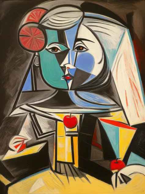 painting of a woman with a red apple in her hand, cubist picasso, pablo picasso painting, style of picasso, picasso style, similar aesthetics to picasso, by Picasso, inspired by Pablo Picasso, inspired by Picasso, by Pablo Picasso, a cubist painting, picas...