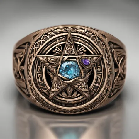 Bronze ring，Pentagram pattern，Gemstone embellishment，simple backgound， with black background，Simple details