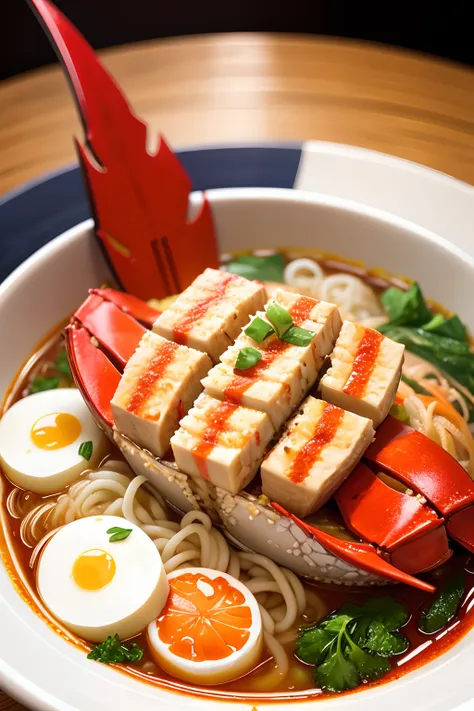 Ramen with a whole crab and lobster on it