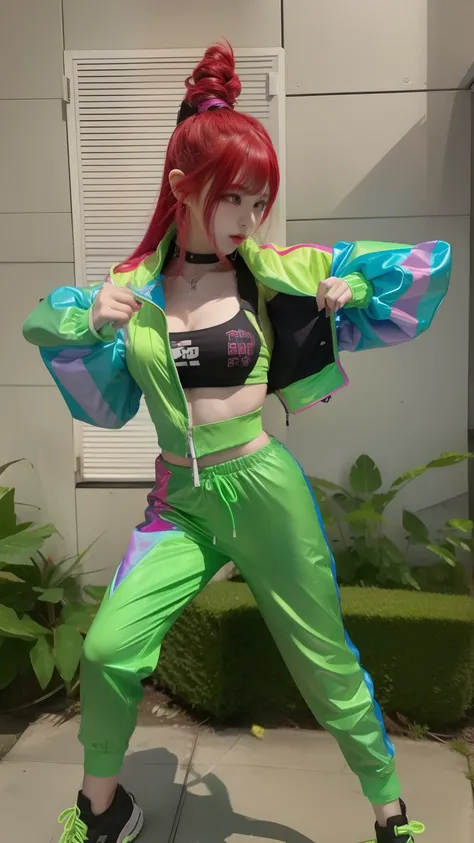 Cyberpunk Female Idol、Good Style、Colorful red hair、Shiny Shorts、、Idol face、large full breasts、Fluorescent Green Clothing、、、Colored tights、jaket