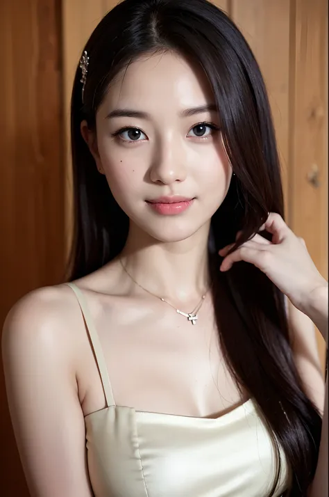 Best Quality, masutepiece, High resolution, Girl VN02, 1girl in, Porcelain dress, Hair Accessories, Necklace, Jewelry, Pretty Face, embarrassing smile、On Body, Tindall Effect, Realistic, Shadow Studio, Rim lighting, dual-tone lighting, (High Detail Skins: ...