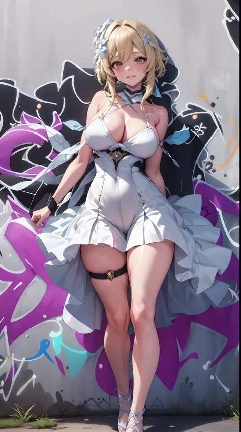 Lumine | genshin impact, master-piece, bestquality, 1girls,25 years old, proportional body, proportional., Wedding Dresses, White Wedding Dress, wedding, gigantic breasts, ,bara, choker, (Graffiti:1.5), Splash with purple lightning pattern., arm behind bac...