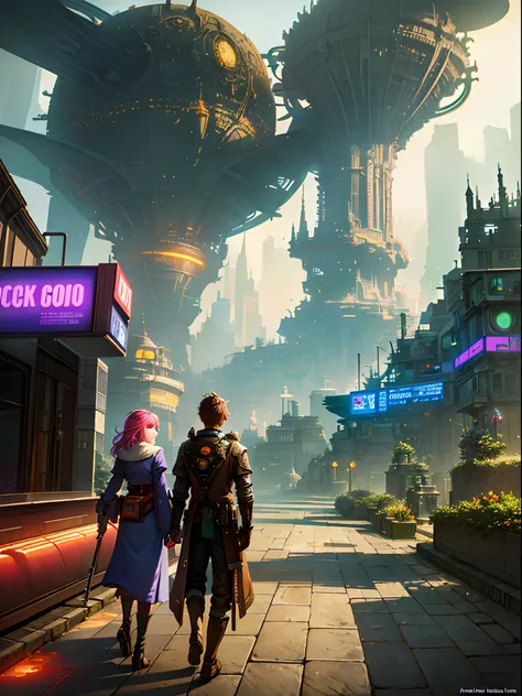 Watercolor,sf,fantasy,aerial city and gardens,futuristic city with a couple walking down a street in the middle of the day, paul lehr and beeple, in fantasy sci - fi city, arstation and beeple highly, james gurney and andreas rocha, inspired by Paul Lehr, ...