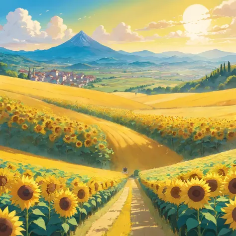 (yellowish,dreamy) suggestion:yellows fields with rolling hills and stunning sunflowers,a majestic backdrop of mountains in the distance, capturing the beautiful landscapes of Burgos.