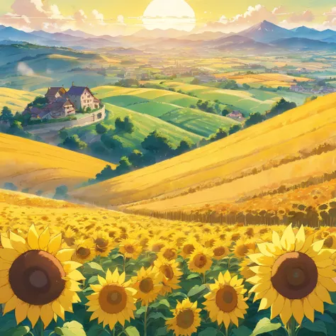 (yellowish,dreamy) suggestion:yellows fields with rolling hills and stunning sunflowers,a majestic backdrop of mountains in the distance, capturing the beautiful landscapes of Burgos.