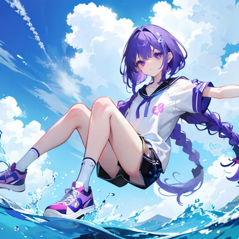 Purple colored hair，long whitr hair，Purple eyes，Twist braids，adolable，teens girl，The head is decorated in white，Wear short-sleeved shorts，Black silk knee-length socks，Wear sneakers on your feet，full-body photo on the front，All body，Fingers and arms are not...