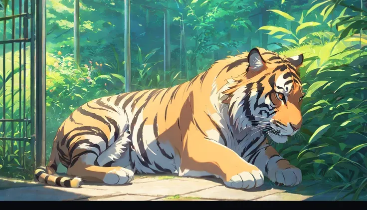 a tiger sleeping in an enclosure