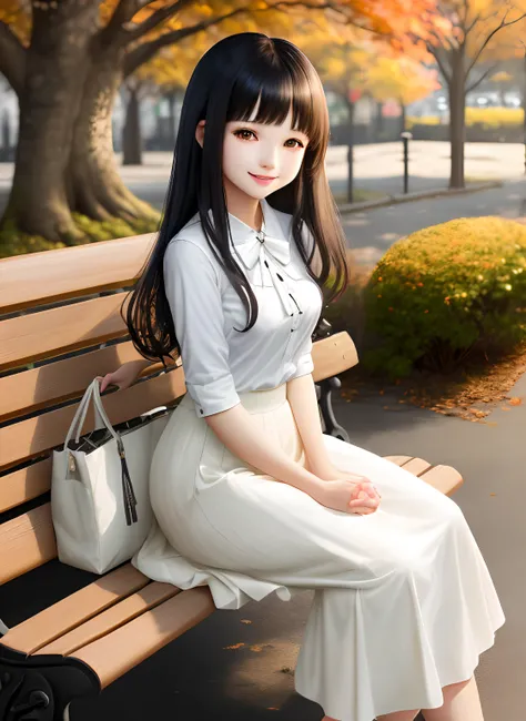 Cute girl with white tea shirt and  long skirt to kness.sit on bench.surrounded by autumn environment.cartoon style.high facial quality.long black hair with bangs.smile.charming.