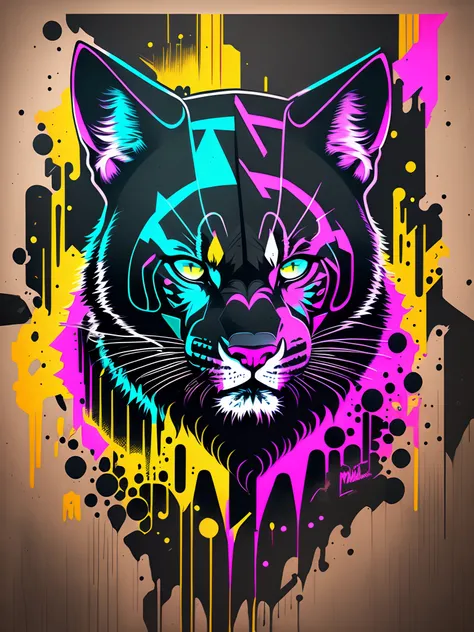 An edgy graffiti-style t-shirt design featuring a rebellious black panther, vividly colored with neon hues, roaring fiercely amidst a dystopian cityscape, chaotic and vibrant, Street art, spray paint on concrete wall, --auto --s2