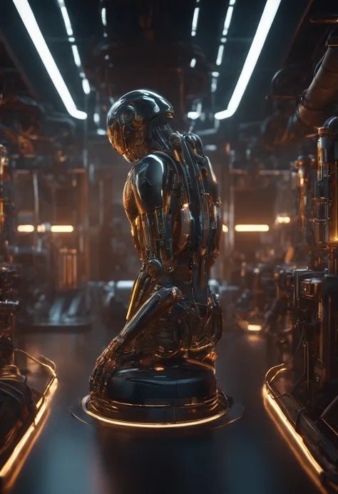 hyper realistic Complex 3d rendering super detailed group of androids constructing themselves, each working on the next in line, hydraulic tanks are connected with a neon liquid, monitors on wall, wide shot, ((Realistic skin)), neon details, Mechanical par...