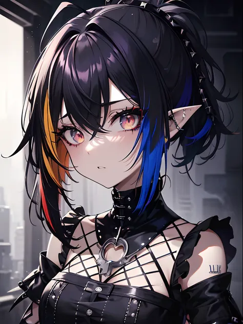 (masterpiece,best quality,ultra-detailed),1girl,messy hairstyle,mane,thick hair,long bob cut, multicolored hair,blue and red and yellow hair,aesthetic hairstyle,pointy ears,beautiful and detailed face, detailed eyes,goth-punk fashion,night,fog,looking at v...