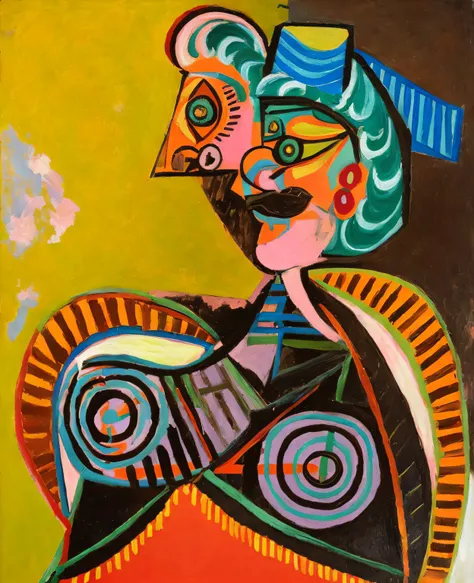 painting of a man with a mustache and a colorful hat, picasso style, inspired by Pablo Picasso, style of picasso, inspired by Picasso, similar aesthetics to picasso, picasso masterpiece, cubist picasso, by Picasso, kiki picasso style, inspired by Pierre Al...