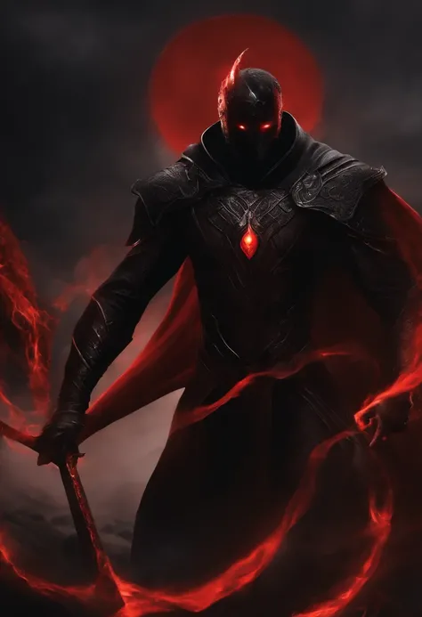 color photo of a black boy, 19 years old, with red eyes, exuding a mesmerizing red power. His skin is a captivating blend of tan and black, adding an ethereal touch to his presence. Clad in a striking black cloth, he stands in a fantasy kingdom, surrounded...