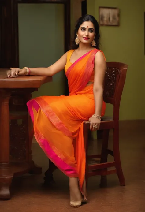 woman in a bright dress sitting on a stool, actress, very attractive and beautiful, neon colored dress, brightly coloured, stuning, * colour splash *, wonderful scene, beautiful, holywood actress, 40 years old women, breathtaking look, wearing orange saree...