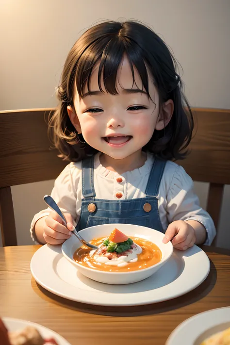 Children at the dining table，full-body portraits，age 5，Eating，Laugh happily，big laughter，lovely digital painting，Childrens art in ArtStation，Cute detailed digital art，in style of hayao miyazaki，Mini cute toddler，adorable digital art，Realistic painting，Over...