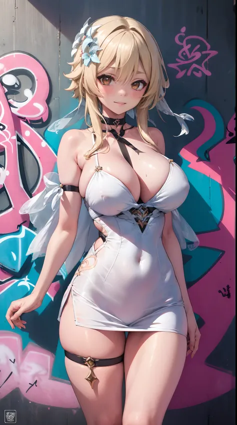 Lumine | genshin impact, master-piece, bestquality, 1girls,25 years old, proportional body, proportional., Wedding Dresses, White Wedding Dress, wedding, gigantic breasts, ,bara, choker, (Graffiti:1.5), Splash with purple lightning pattern., arm behind bac...