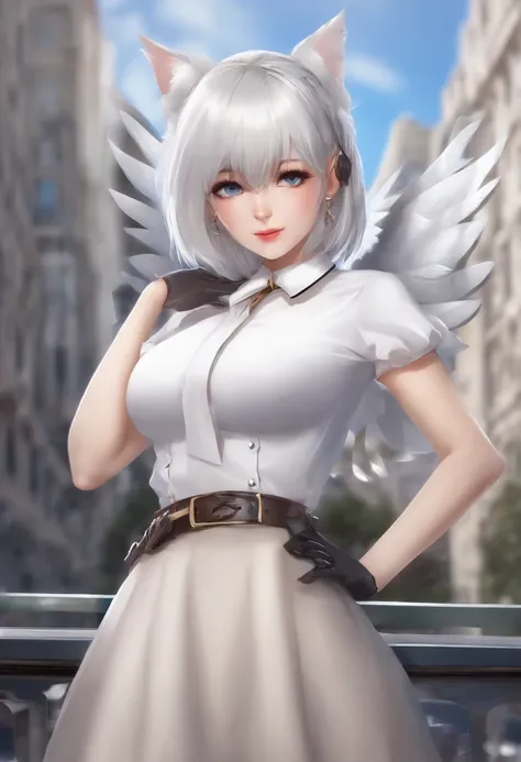 skistyle, 1girl, solo, silver hair, animal ears, blue eyes, wings, looking at viewer, bangs, short hair, spiked collar, white collar, hair bow, , closed mouth, shirt, white shirt, bob cut, portrait, makeup, upper body, city in background, big breasts, drip...