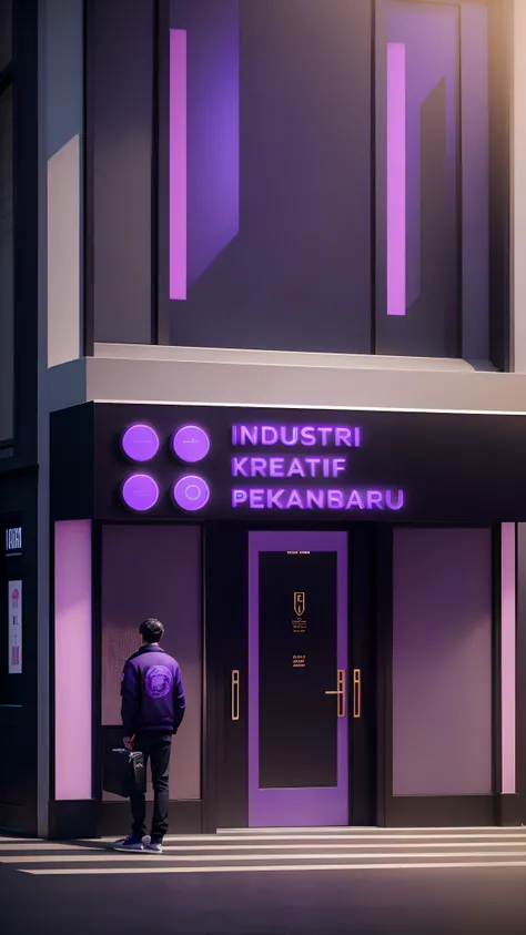 RAW Photo, outside view of the Luxury shop In Mall. Tokyo, Modern style, city, (3D Text Sign, 3D Logo, perfect sign, Detail Text, embossed letters), (Masterpiece Architecture), Extream detail, Purple Background, (Many People, Street wear) Embossed Logo.