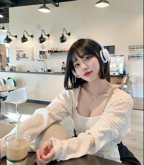 arafed woman sitting at a table with a drink in her hand, lofi girl aesthetic, lofi girl, young and cute girl, white hime cut hairstyle, a young asian woman, gorgeous young korean woman, ulzzang, korean girl, a cute young woman, xision wu, young asian girl...