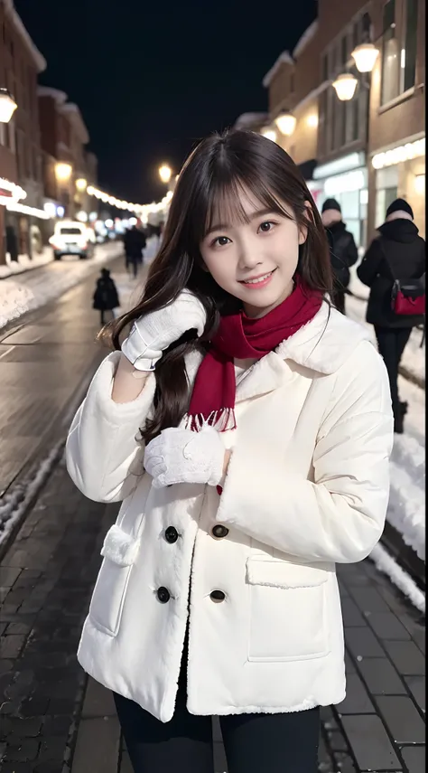 (A close-up of a girl is、with long hair in takes，The bangs are dull，Wear a winter uniform and scarf jacket:1.5)、(A girl with a shy smile、Gift box with gloves in hand:1.5)、(Snowy winter night street corners and Christmas lights:1.5)、(Perfect anatomy:1.3)、(N...