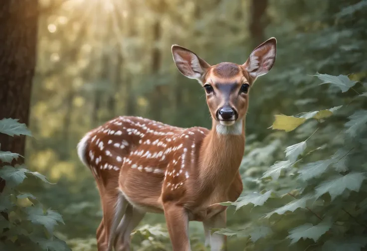 hyperrealistic glamour photo of a cute little baby deer surrounded by beautiful blue maple leaves in a meaple forest, meaple leaf in his mouth, autumn, beautiful eyes, sunlight, (high quality:1.2), extremely detailed fur, masterpiece, best quality, photogr...