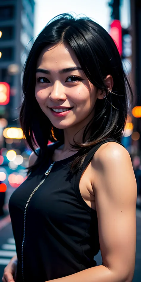 1 malay girl,black medium hair,Tokyo street,night, cityscape,city lights,upper body,close-up,smile,, (8k, RAW photo, best quality, masterpiece:1.2),(realistic, photo-realistic:1.37),