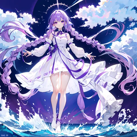 Purple colored hair，long whitr hair，Purple eyes，Twist braids，adolable，teens girl，Wearing a beautiful white dress，There are no shoes on the feet，full-body photo on the front，All body，Fingers and arms are not exposed，background ocean，with blue sky and white ...