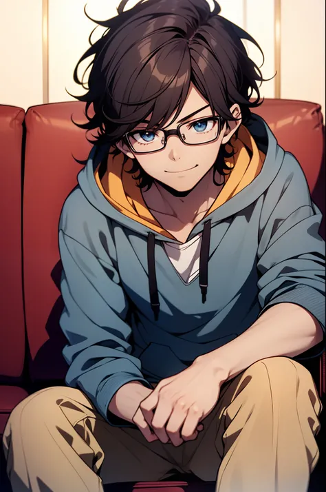 Handsome Anime boy, black curly hair, glasses, smiling, blue hoodie, sitting on a couch, (1boy), high quality, Anime style