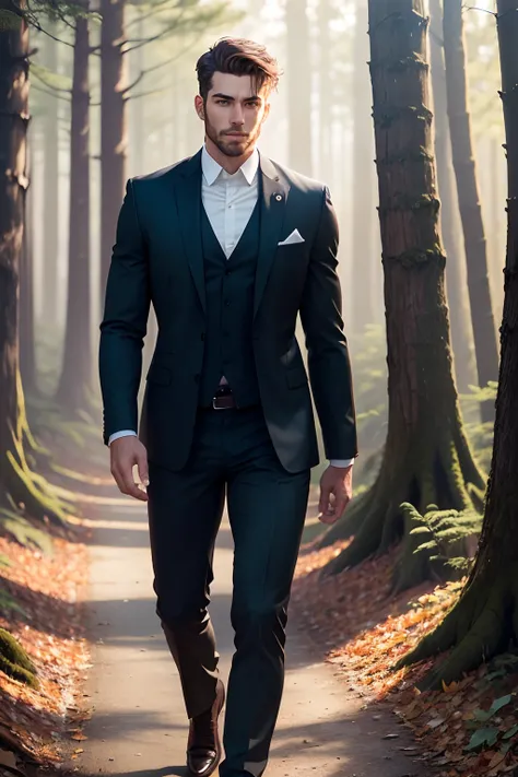 handsome man walking in the woods