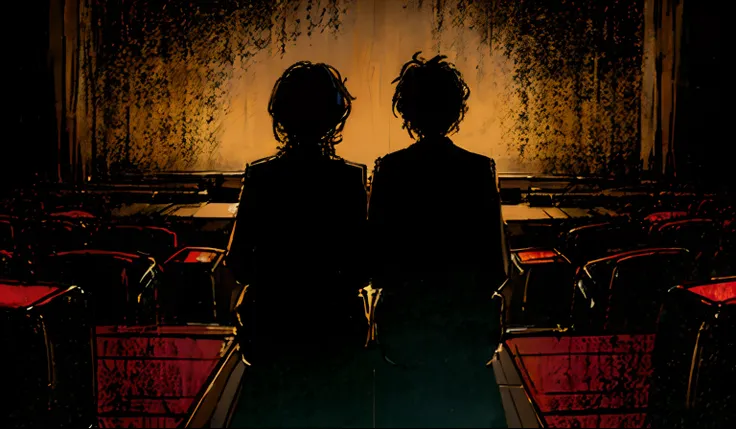 A mysterious and dark movie theater, illuminated only by the faint glow of the screen, casting silhouettes of a couple seen from behind, their hands intertwined, engrossed in the cinematic experience.