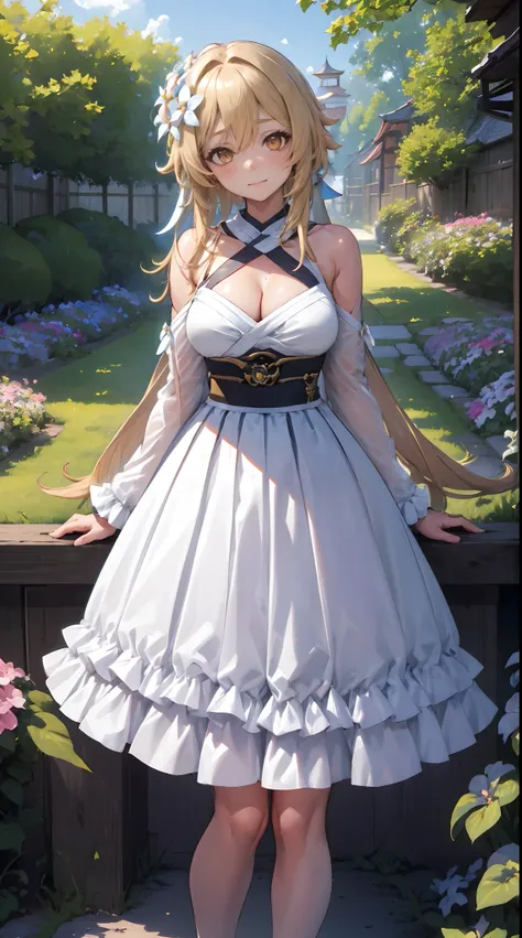 Lumine | genshin impact, master-piece, bestquality, 1girls,25 years old, proportional body, proportional., long-haired, Hanbok, gigantic breasts, ,bara, choker, Standing in the middle of a flower garden, outdoor, The sky is beautiful, arm behind back, agai...