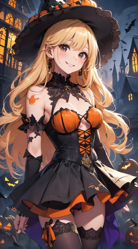 top-quality、Top image quality、​masterpiece、teens girl((18year old,Black Wizard Hat、Black and orange sexy clothes,Orange and black skirt、Orange muffler,Best Bust、Bust 85、Blonde long hair,Black eyes、open chest wide、Valley、Happiness、A slender、Blood coating、Em...