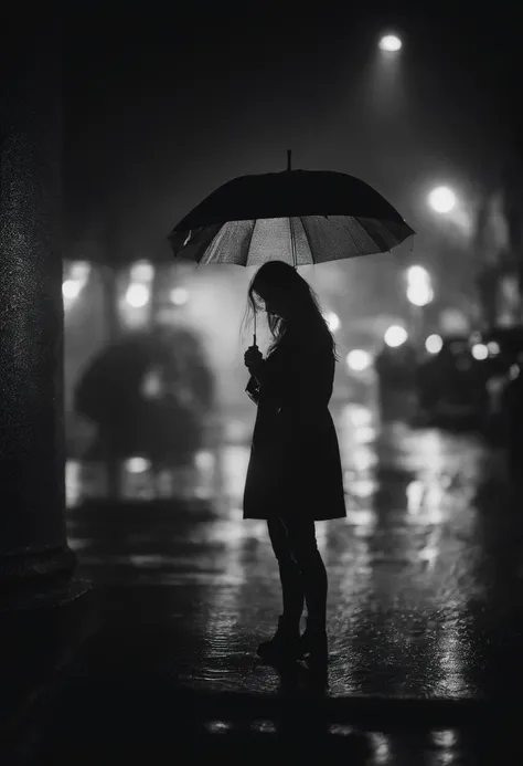 Create a beautiful woman in rainy night alone dark outside