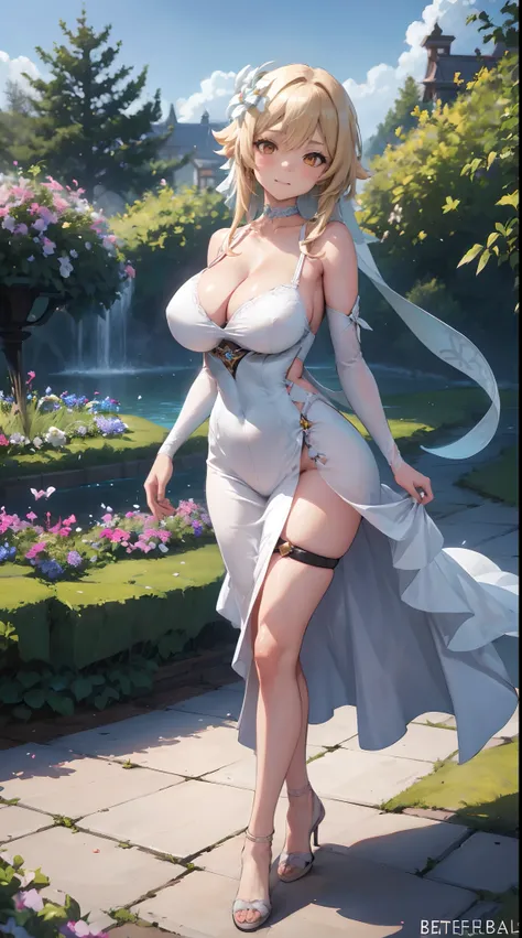 Lumine | genshin impact, master-piece, bestquality, 1girls,25 years old, proportional body, proportional., Wedding Dresses, White Wedding Dress, wedding, gigantic breasts, ,bara, choker, Standing in the middle of a flower garden, outdoor, The sky is beauti...