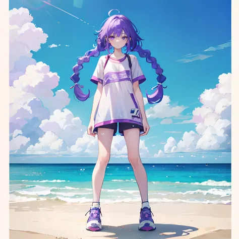 Purple colored hair，long whitr hair，Purple eyes，Twist braids，adolable，teens girl，Short-sleeved shorts，Wear sneakers on your feet，full-body photo on the front，All body，Fingers and arms are not exposed，Background sandy beach，with blue sky and white clouds