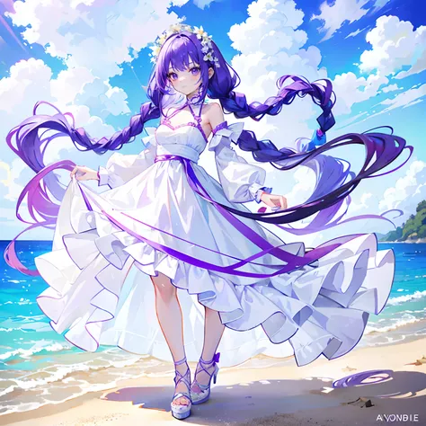 Purple colored hair，long whitr hair，Purple eyes，Twist braids，adolable，teens girl，White gorgeous and beautiful dress，Wearing white high heels on his feet，full-body photo on the front，All body，Fingers and arms are not exposed，Background sandy beach，Flowers，T...