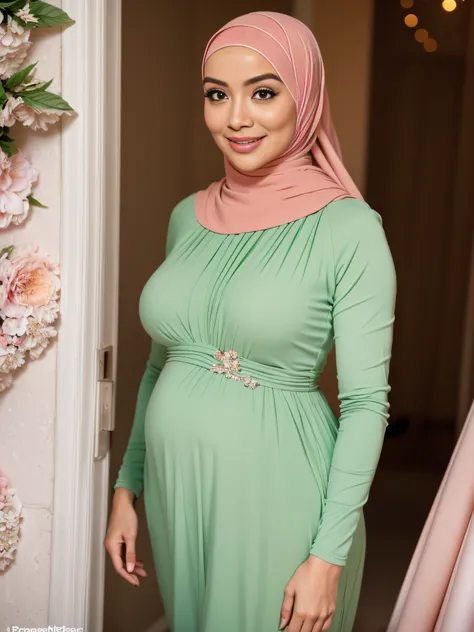 RAW, Best quality, high resolution, masterpiece: 1.3), beautiful Malay woman in hijab wear soft green Mini peplum Dress with floral pattern,(long sheer mini dress),(big breasts) , (masterpiece, perfect  body),(absurdres:1.3), walking, (detail skin:1.3, fac...