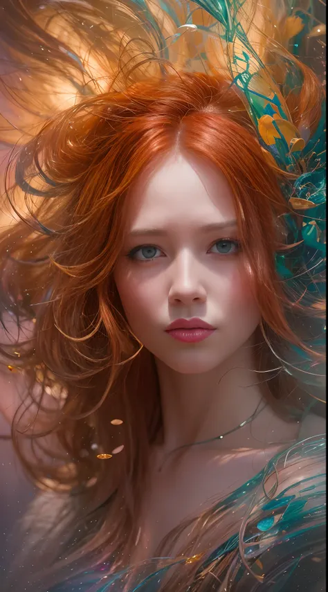 My Beautiful Ai Friends Face, Please. Thank you. photorealistic, hyperrealism, professional photography, DSLR, HDR; sweet face; red hair; pale face, holographic emerging from 2D to 3D, wispy smoke exploding into crimson rain, shimmering rainbow scales, spe...