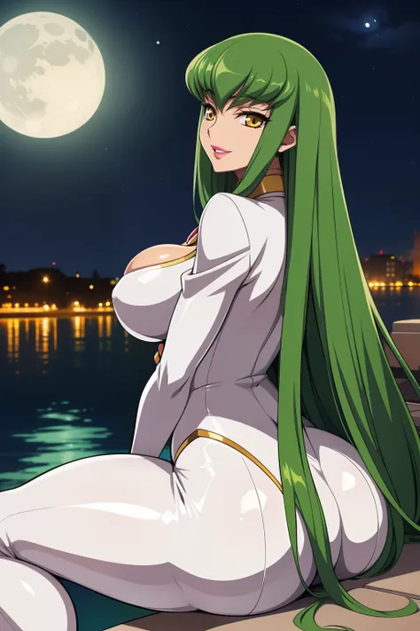 code geass, c.c, 1girl, (((bimbo))), long green hair, yellow eyes, puffy lips, painted lips, thick lips, wide hips, thick thighs...