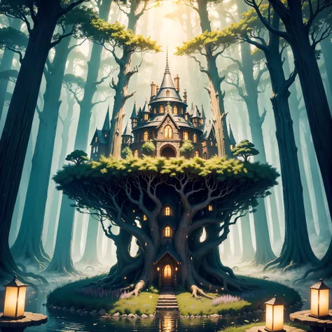 Magical forest, (High-res,Masterpiece:1.2), (Detailed,fine art) textured, (fairytale-like,fantasy) element in, (Lush big breasts,Exquisite) Foliage, (Whimsical,Enchanted) atmosphere,(dream-like)Forest Castle， (Ethereal,Otherworldly) colours, (Dreamlike,won...