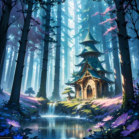 Magical forest, (High-res,Masterpiece:1.2), (Detailed,fine art) textured, (fairytale-like,fantasy) element in, (Lush big breasts,Exquisite) Foliage, (Whimsical,Enchanted) atmosphere,(dream-like)Forest Castle， (Ethereal,Otherworldly) colours, (Dreamlike,won...