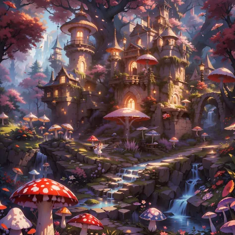 Best quality,4K,8K,A high resolution,Masterpiece:1.2,Ultra-detailed,Realistic:1.37,in wonderland,illustration,colorful landscapes,an enchanted forest,sparklingfairydust,Image in dreams,Queen of Hearts Castle,bushes,magic mushrooms,blossoms,waterfallr,Mysti...