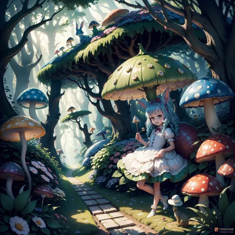 Best quality,4K,8K,A high resolution,Masterpiece:1.2,Ultra-detailed,Realistic:1.37,in wonderland,illustration,colorful landscapes,Rabbit hole,an enchanted forest,magic mushrooms,Curious Alice,Image in dreams,Whimsical characters,Break into a crazy tea part...