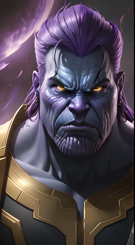 Thanos, realistic face, cartoon avatar,8k, ultra realistic, angry mood