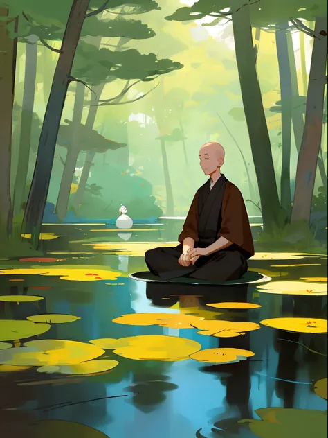 Zen monk meditation.cartoon style.forest.pond.