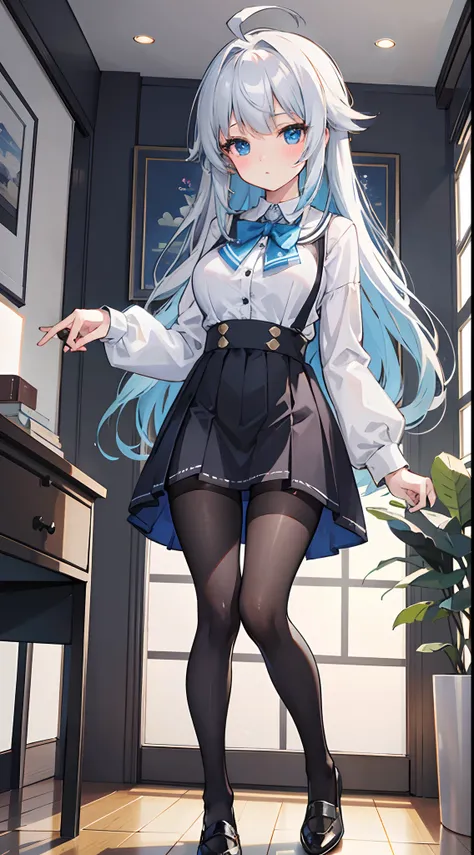 {An ultra-high picture quality}，{Best Quality}, {ultra-detailliert}, {very detailed illustration}, {Top image quality}，{{silber hair}}, Aimei, embarrassed from，Ahoge，Suspender Skirt，‎Classroom，adult body，Moderately large breasts，long-sleeve，18-year-old bod...