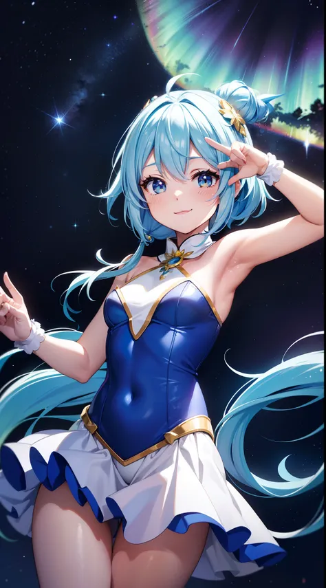 Super Idol　Chibichara　A charming smile　sky blue hair　length hair　Twin-tailed　Glittery bright white and yellow leotards　facing front　Mystical　Fantasia　constellation　a moon　Crystal Brilliance　Aurora Borealis in the Night Sky